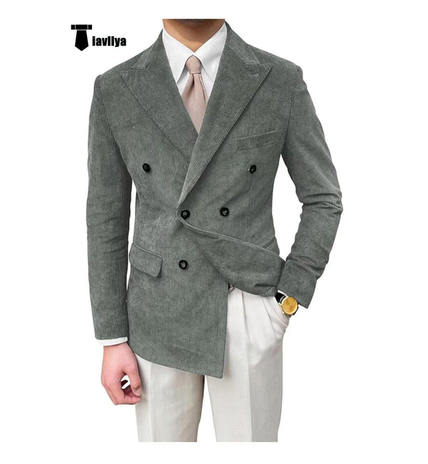 Tiavllya Tiavllya Men's Vintage Corduroy Peak Lapel Double Breasted Jacket Sport Coat