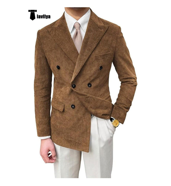 Tiavllya Tiavllya Men's Vintage Corduroy Peak Lapel Double Breasted Jacket Sport Coat