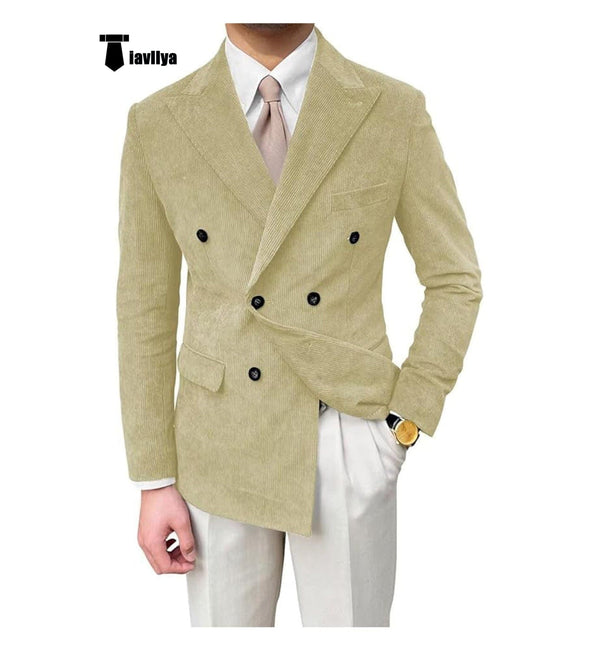 Tiavllya Tiavllya Men's Vintage Corduroy Peak Lapel Double Breasted Jacket Sport Coat