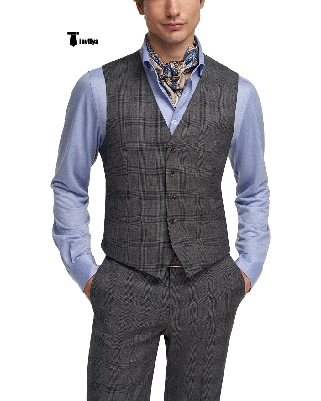 Tiavllya Tiavllya Mens Business 2 Pieces Suit Plaid V Neck Vest Suit (Vest+Pants)