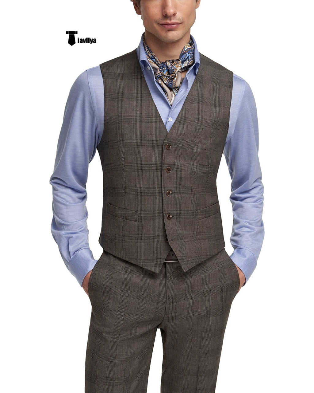 Tiavllya Tiavllya Mens Business 2 Pieces Suit Plaid V Neck Vest Suit (Vest+Pants)