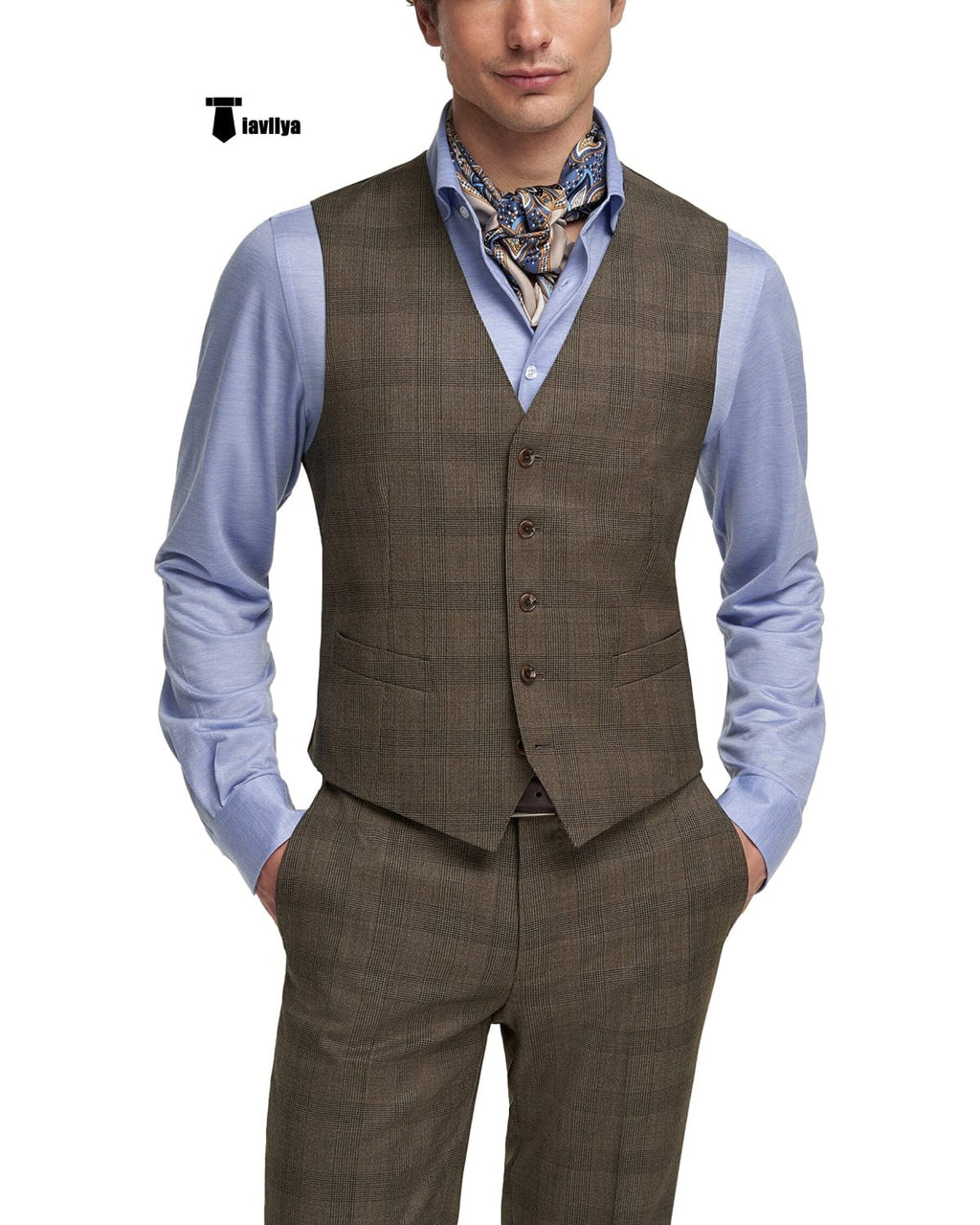 Tiavllya Tiavllya Mens Business 2 Pieces Suit Plaid V Neck Vest Suit (Vest+Pants)