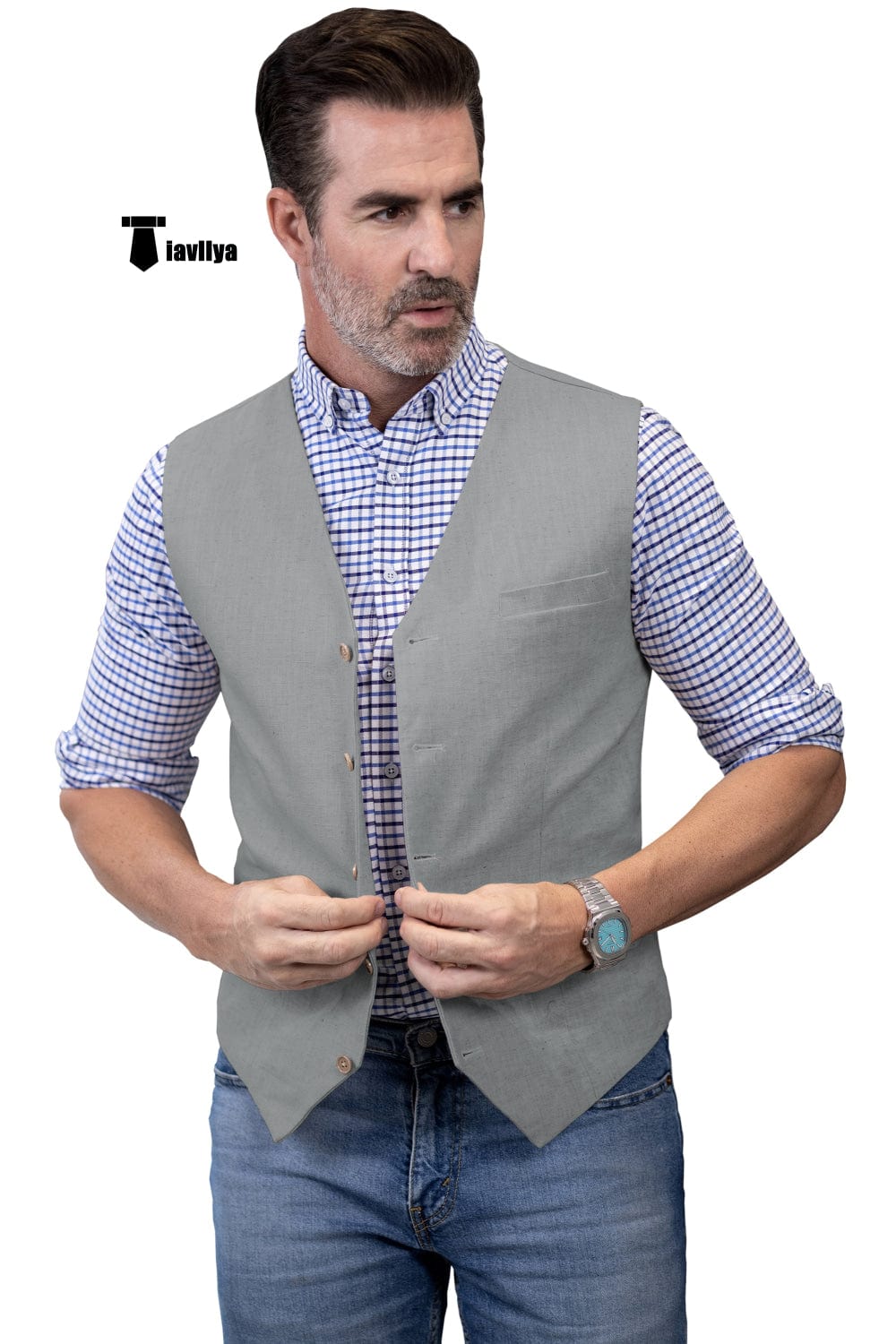 Tiavllya Tiavllya Mens waistcoat Flat Linen V Neck Waistcoat For Wedding