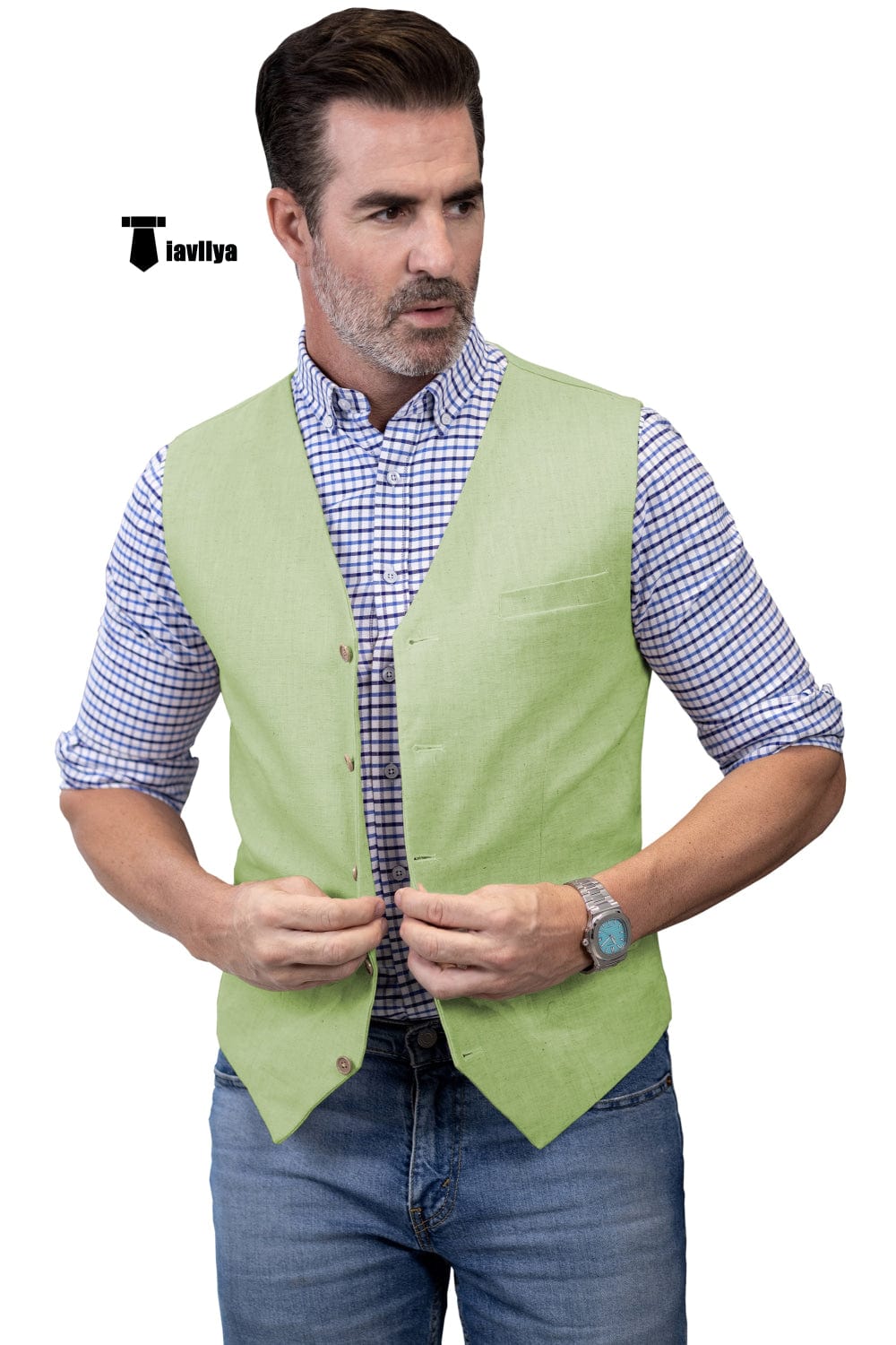 Tiavllya Tiavllya Mens waistcoat Flat Linen V Neck Waistcoat For Wedding
