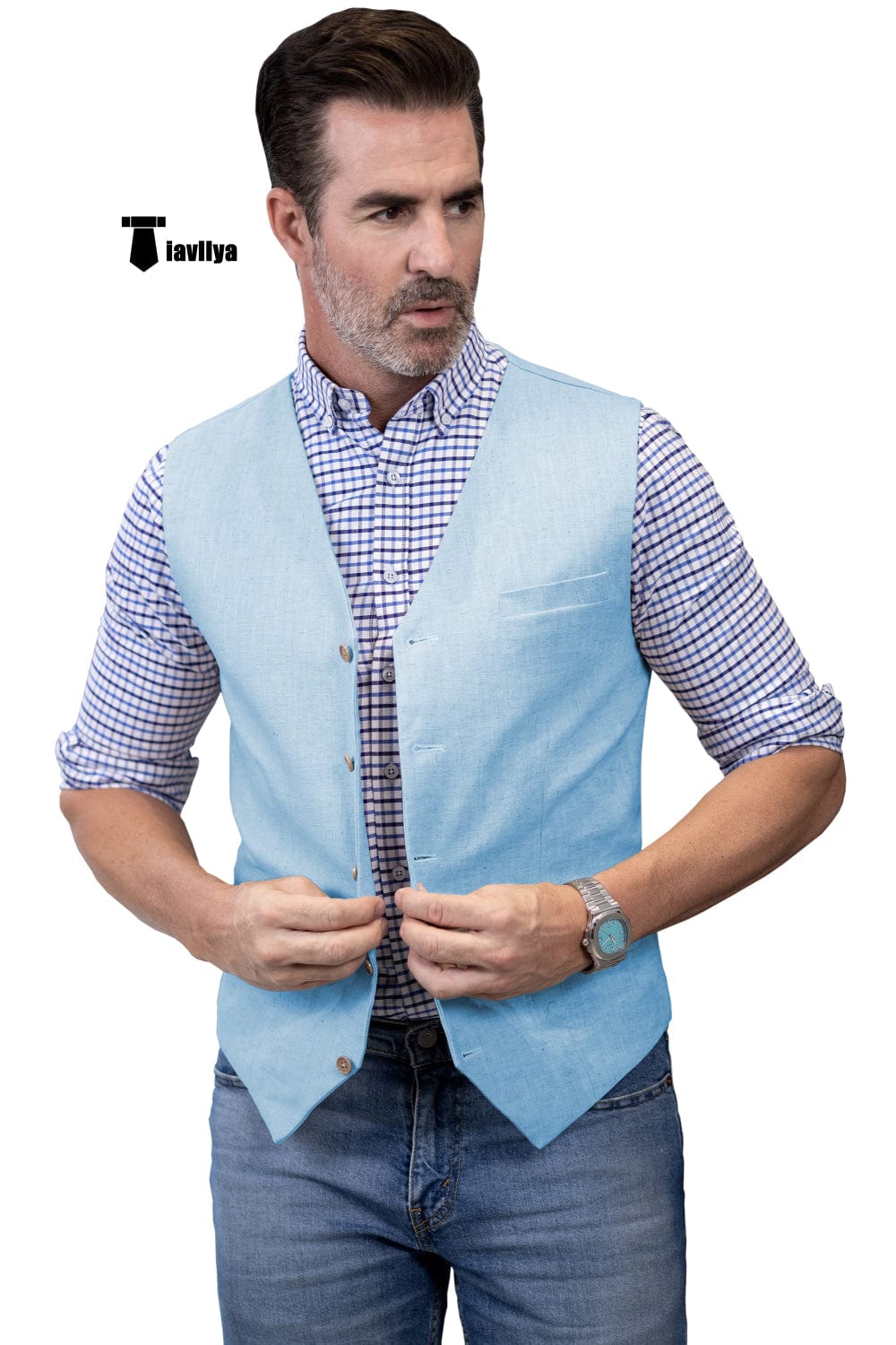 Tiavllya Tiavllya Mens waistcoat Flat Linen V Neck Waistcoat For Wedding