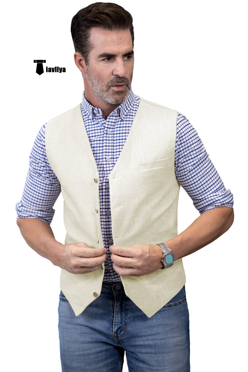Tiavllya Tiavllya Mens waistcoat Flat Linen V Neck Waistcoat For Wedding