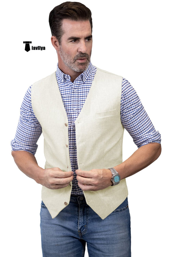 Tiavllya Tiavllya Mens waistcoat Flat Linen V Neck Waistcoat For Wedding