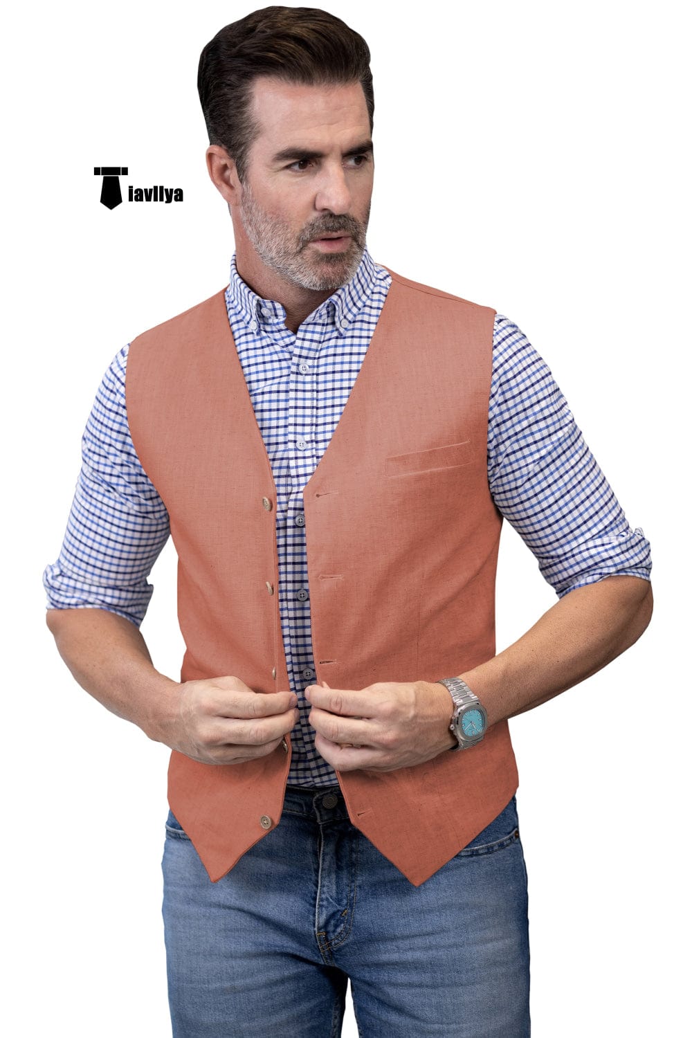 Tiavllya Tiavllya Mens waistcoat Flat Linen V Neck Waistcoat For Wedding