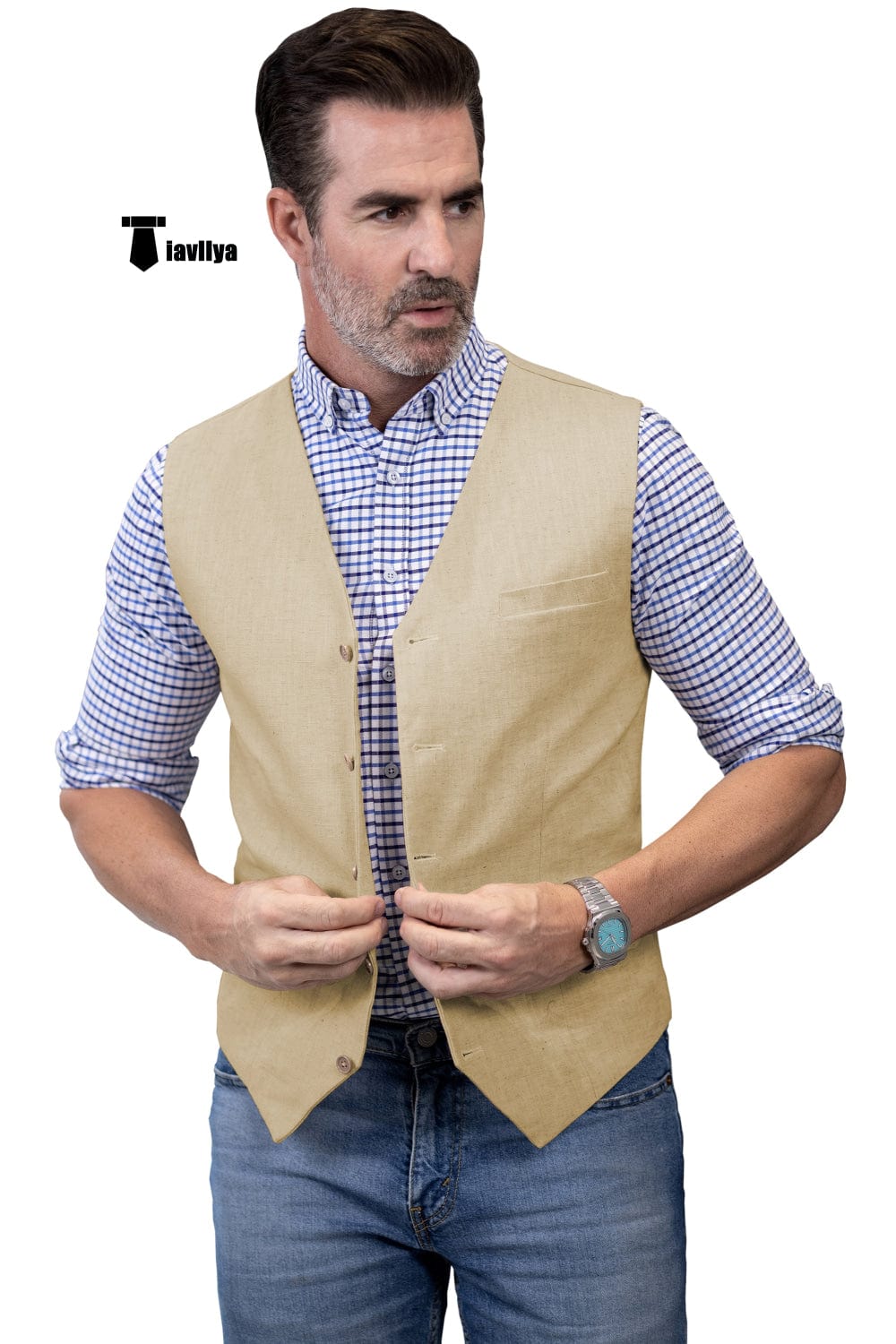 Tiavllya Tiavllya Mens waistcoat Flat Linen V Neck Waistcoat For Wedding