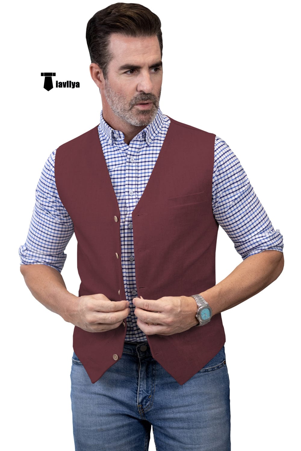Tiavllya Tiavllya Mens waistcoat Flat Linen V Neck Waistcoat For Wedding