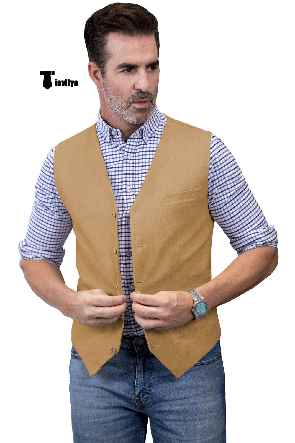 Tiavllya Tiavllya Mens waistcoat Flat Linen V Neck Waistcoat For Wedding