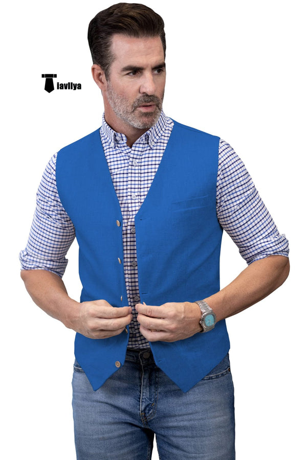 Tiavllya Tiavllya Mens waistcoat Flat Linen V Neck Waistcoat For Wedding