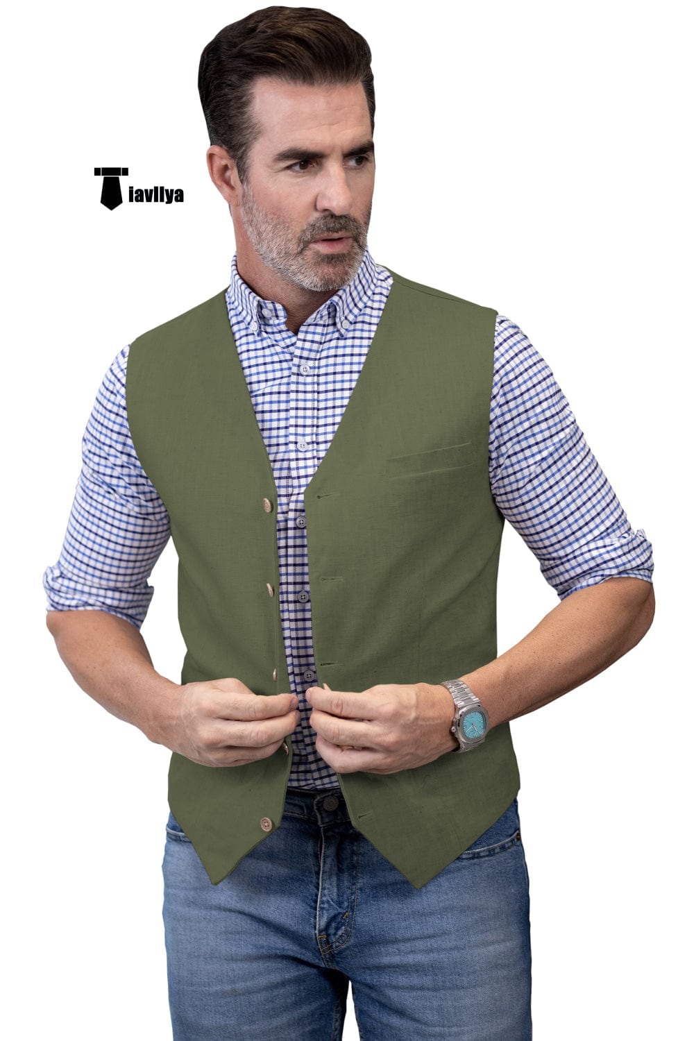 Tiavllya Tiavllya Mens waistcoat Flat Linen V Neck Waistcoat For Wedding