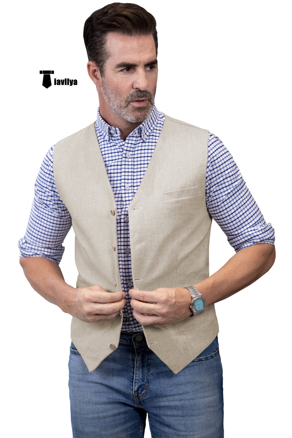 Tiavllya Tiavllya Mens waistcoat Flat Linen V Neck Waistcoat For Wedding