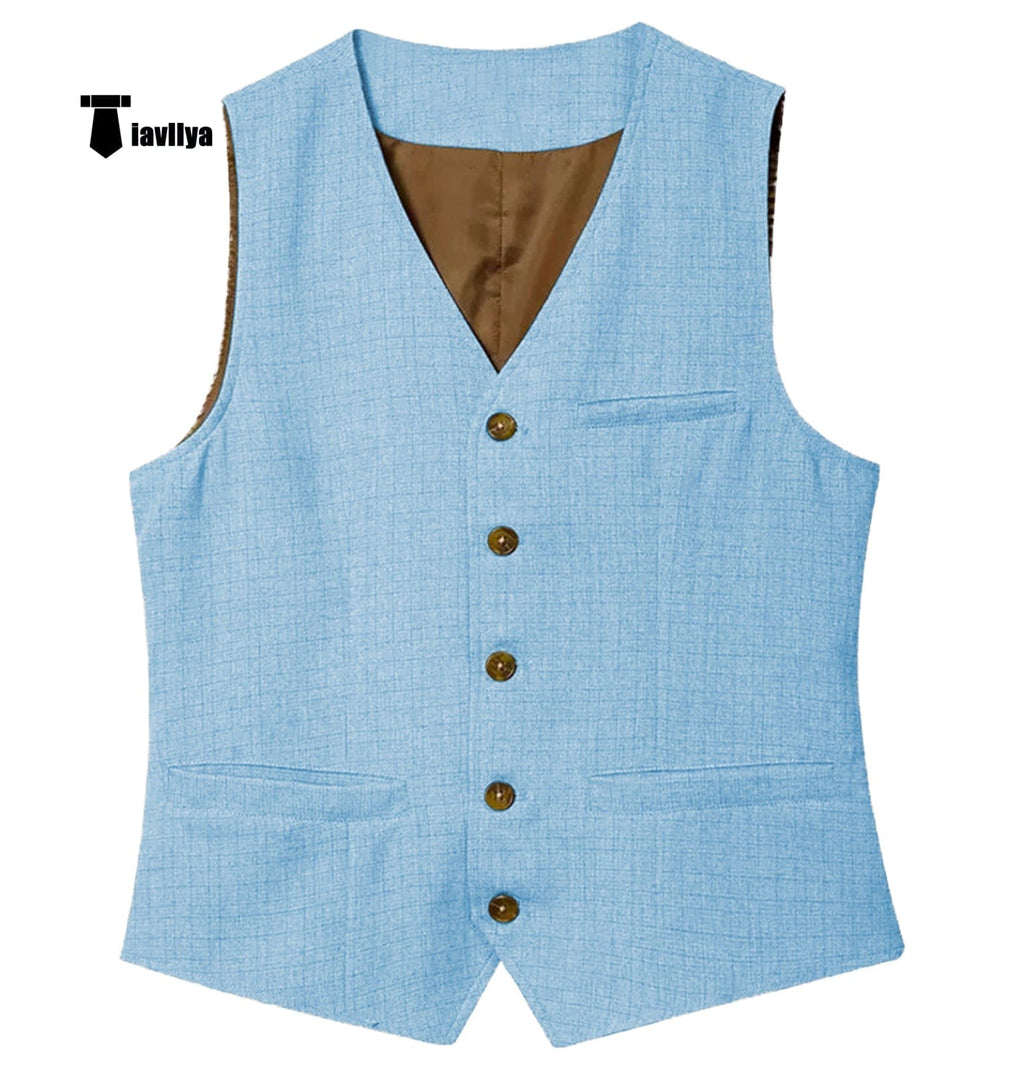 Tiavllya Tiavllya Mens waistcoat Flat Linen V Neck Waistcoat For Wedding