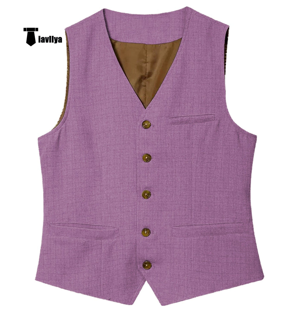 Tiavllya Tiavllya Mens waistcoat Flat Linen V Neck Waistcoat For Wedding