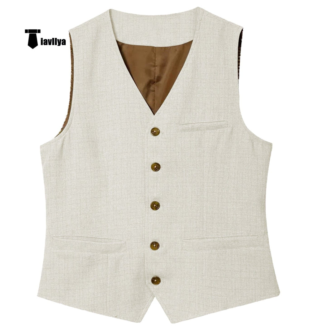 Tiavllya Tiavllya Mens waistcoat Flat Linen V Neck Waistcoat For Wedding