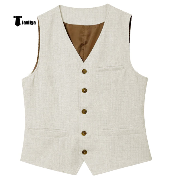 Tiavllya Tiavllya Mens waistcoat Flat Linen V Neck Waistcoat For Wedding
