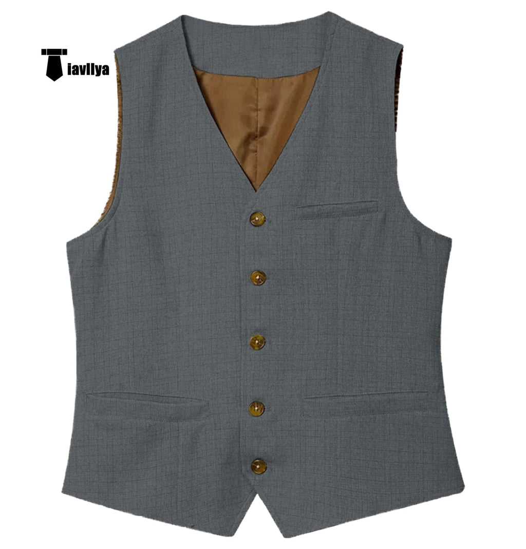 Tiavllya Tiavllya Mens waistcoat Flat Linen V Neck Waistcoat For Wedding