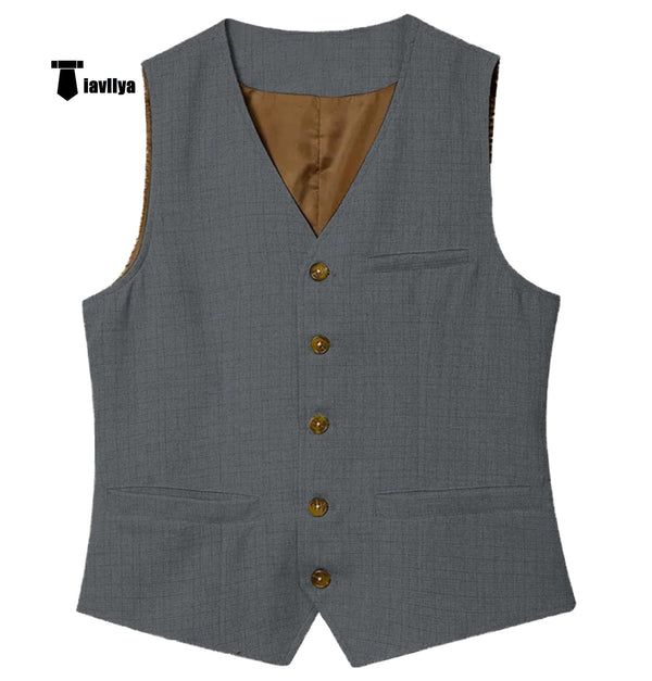 Tiavllya Tiavllya Mens waistcoat Flat Linen V Neck Waistcoat For Wedding