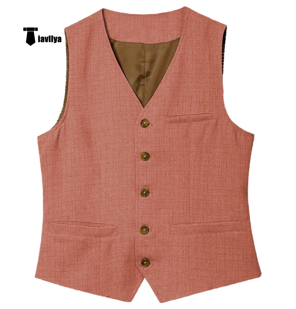 Tiavllya Tiavllya Mens waistcoat Flat Linen V Neck Waistcoat For Wedding