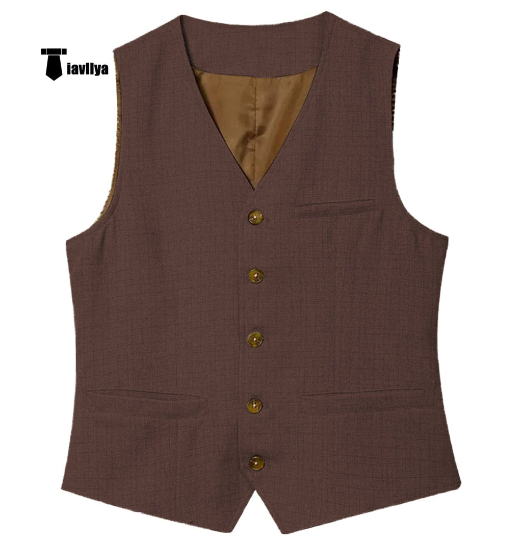 Tiavllya Tiavllya Mens waistcoat Flat Linen V Neck Waistcoat For Wedding