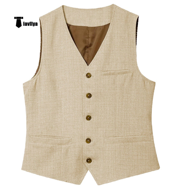 Tiavllya Tiavllya Mens waistcoat Flat Linen V Neck Waistcoat For Wedding