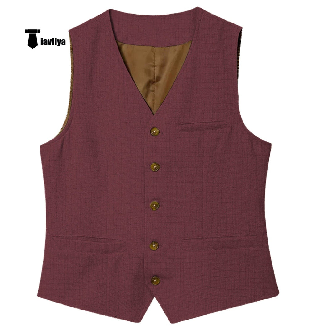 Tiavllya Tiavllya Mens waistcoat Flat Linen V Neck Waistcoat For Wedding