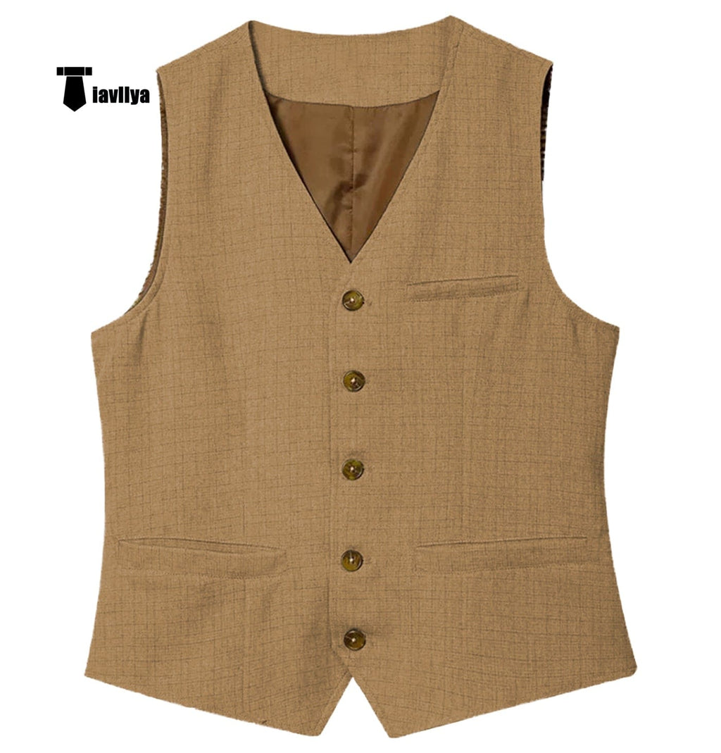 Tiavllya Tiavllya Mens waistcoat Flat Linen V Neck Waistcoat For Wedding