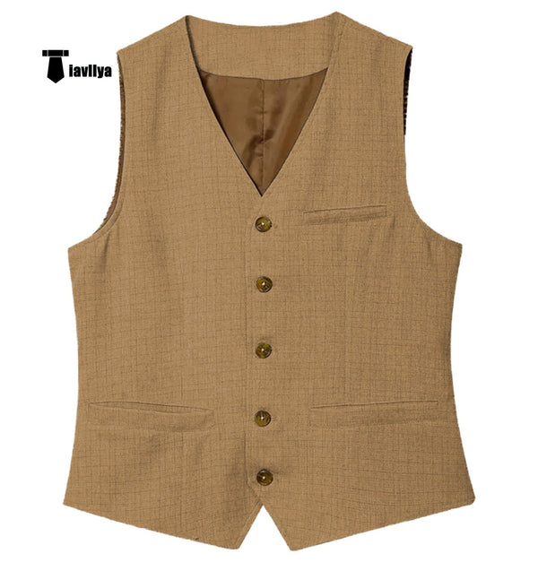 Tiavllya Tiavllya Mens waistcoat Flat Linen V Neck Waistcoat For Wedding