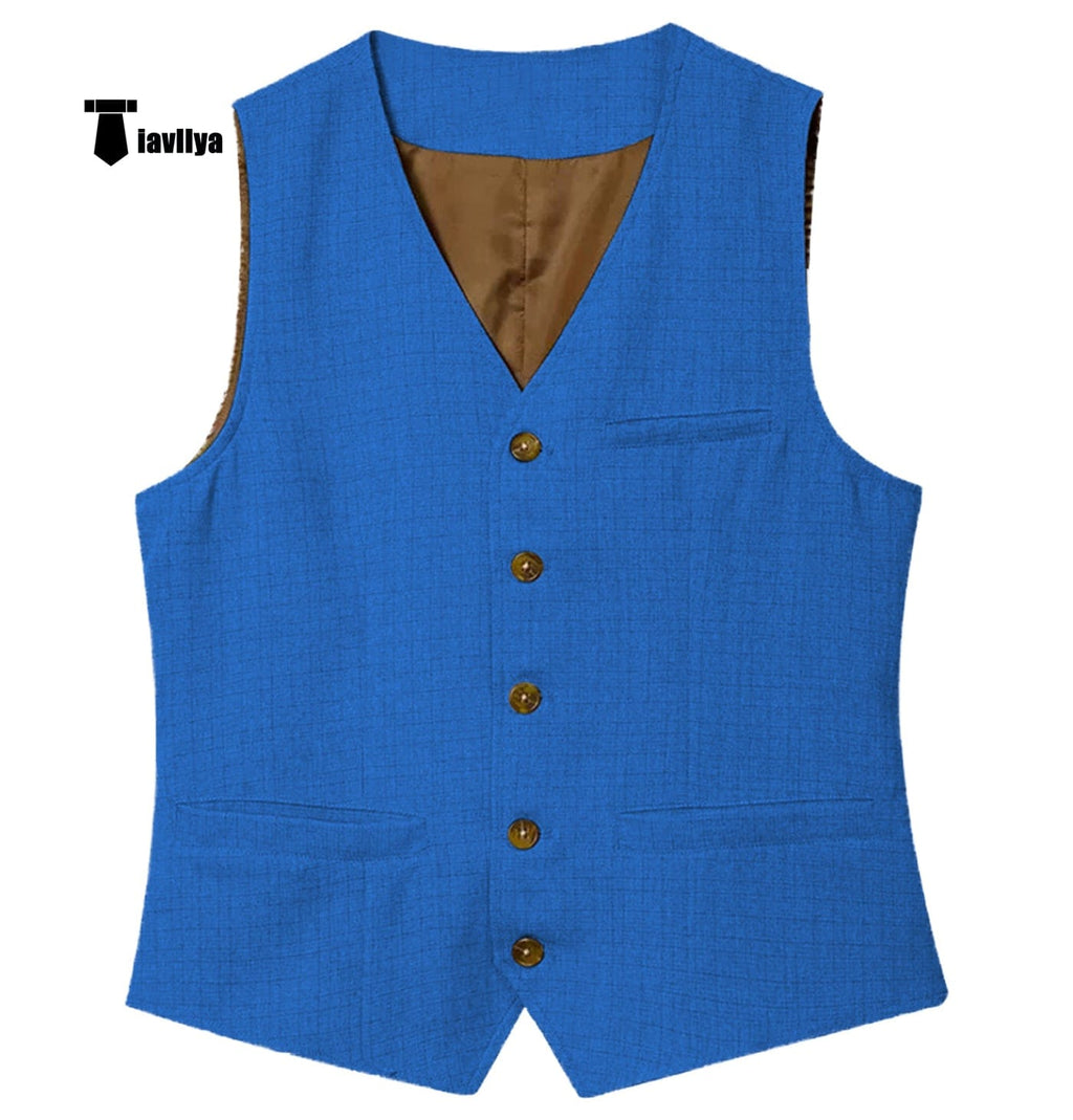 Tiavllya Tiavllya Mens waistcoat Flat Linen V Neck Waistcoat For Wedding