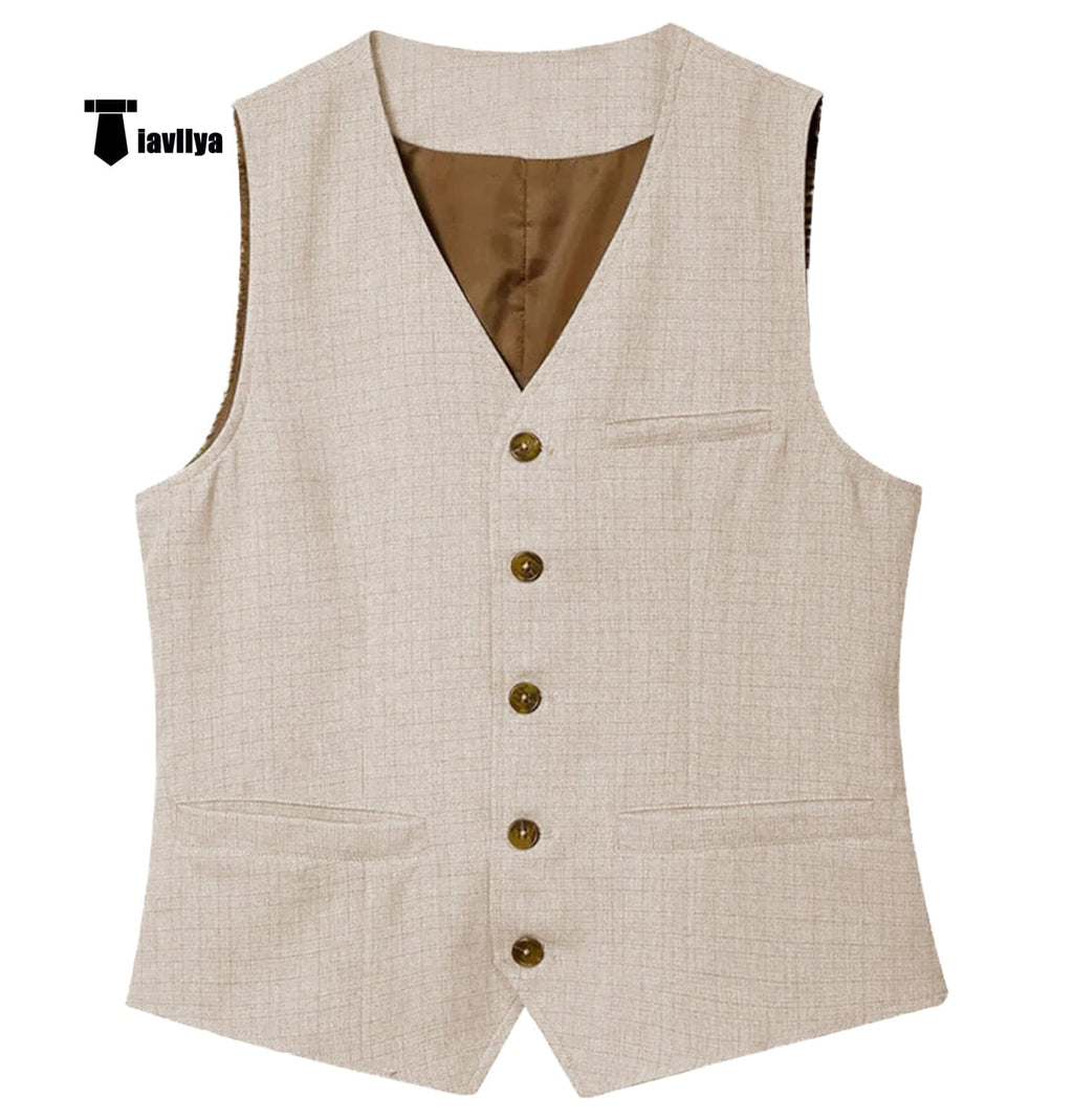 Tiavllya Tiavllya Mens waistcoat Flat Linen V Neck Waistcoat For Wedding