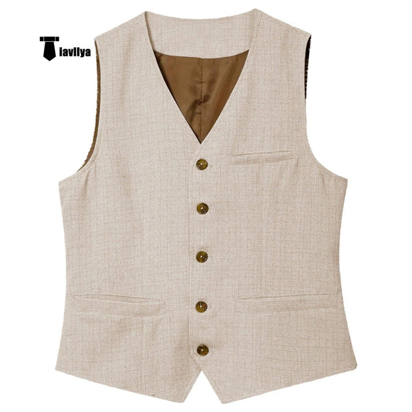 Tiavllya Tiavllya Mens waistcoat Flat Linen V Neck Waistcoat For Wedding