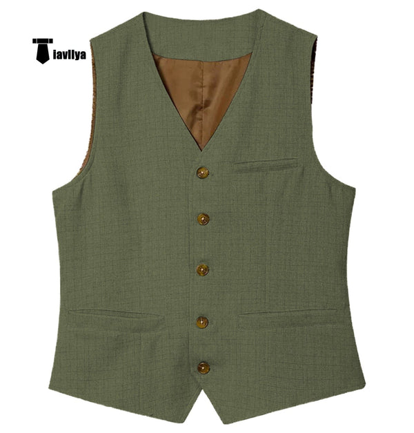 Tiavllya Tiavllya Mens waistcoat Flat Linen V Neck Waistcoat For Wedding