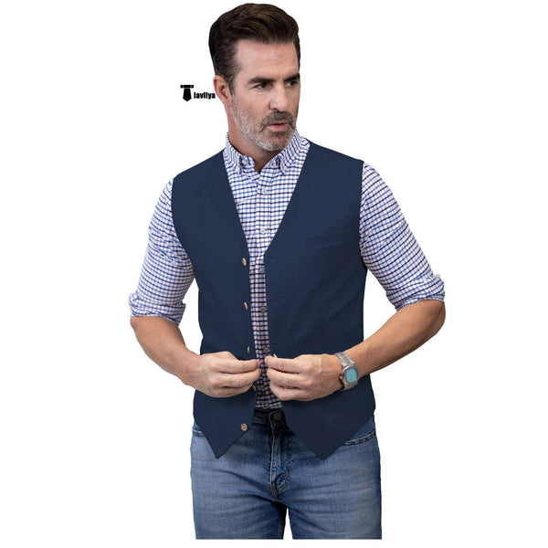 Tiavllya Tiavllya Mens waistcoat Flat Linen V Neck Waistcoat For Wedding