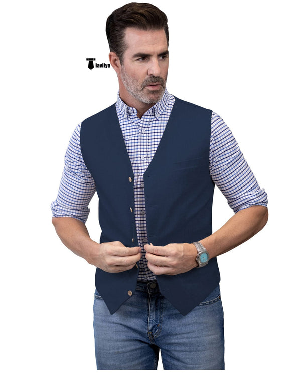 Tiavllya Tiavllya Mens waistcoat Flat Linen V Neck Waistcoat For Wedding