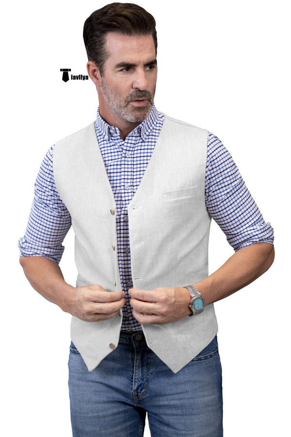 Tiavllya Tiavllya Mens waistcoat Flat Linen V Neck Waistcoat For Wedding