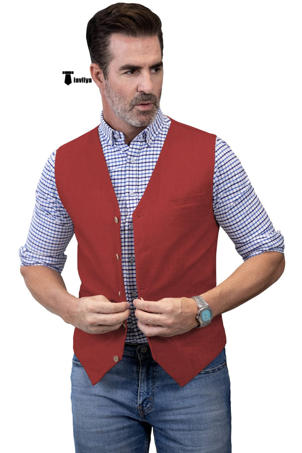 Tiavllya Tiavllya Mens waistcoat Flat Linen V Neck Waistcoat For Wedding