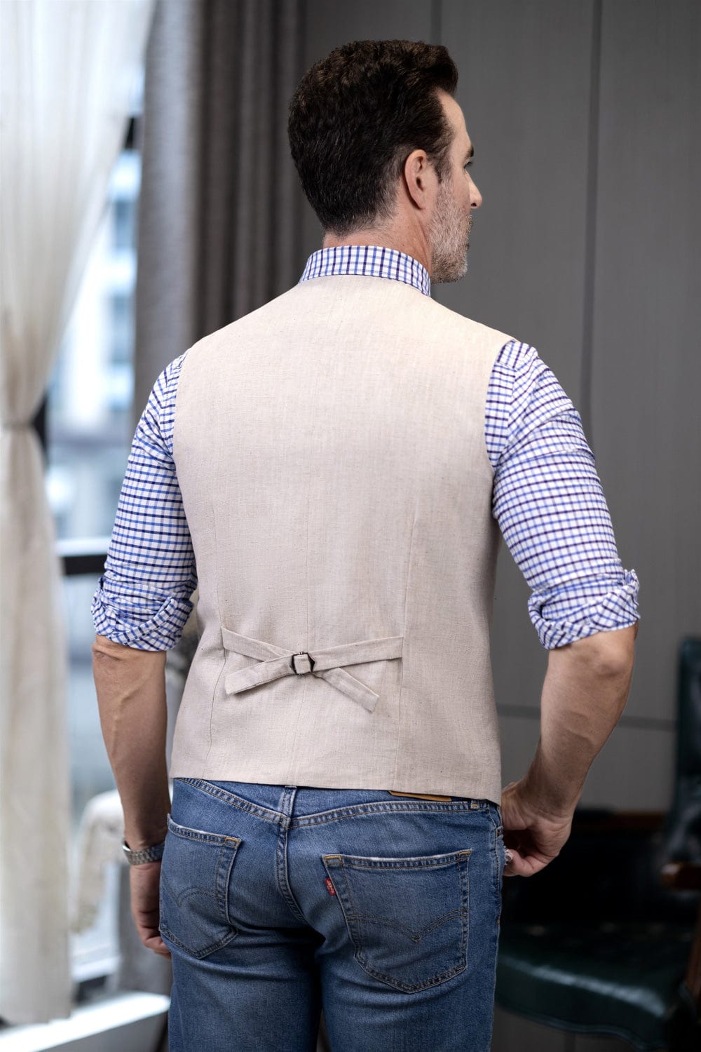 Tiavllya Tiavllya Mens waistcoat Flat Linen V Neck Waistcoat For Wedding