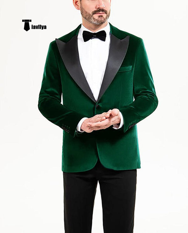 Tiavllya Tiavllya Stylish Men's Suit 2 Pieces Velvet Peak Lapel Tuxedo For Party (Blazer+Black Pants)