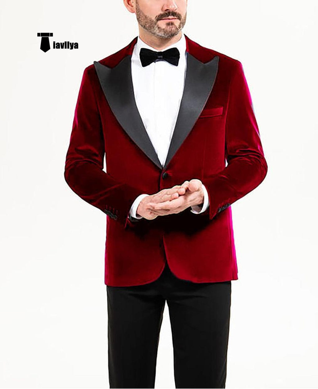 Tiavllya Tiavllya Stylish Men's Suit 2 Pieces Velvet Peak Lapel Tuxedo For Party (Blazer+Black Pants)