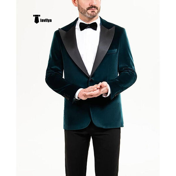 Tiavllya Tiavllya Stylish Men's Suit 2 Pieces Velvet Peak Lapel Tuxedo For Party (Blazer+Black Pants)