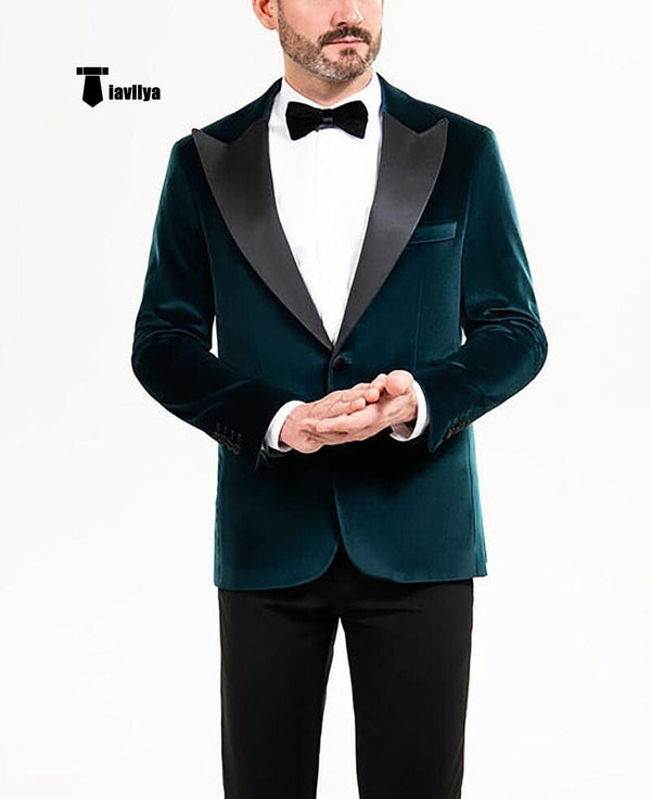 Tiavllya Tiavllya Stylish Men's Suit 2 Pieces Velvet Peak Lapel Tuxedo For Party (Blazer+Black Pants)