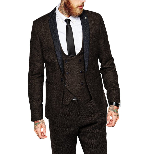 Tiavllya Tiavllya Vintage Classical 3 Piece Mens Suit Herringbone Notch Lapel Tuxedo (Blazer Vest+Pants)