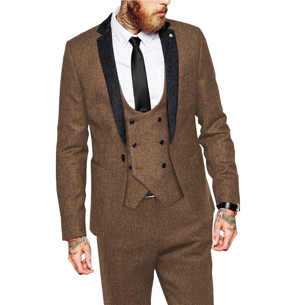 Tiavllya Tiavllya Vintage Classical 3 Piece Mens Suit Herringbone Notch Lapel Tuxedo (Blazer Vest+Pants)