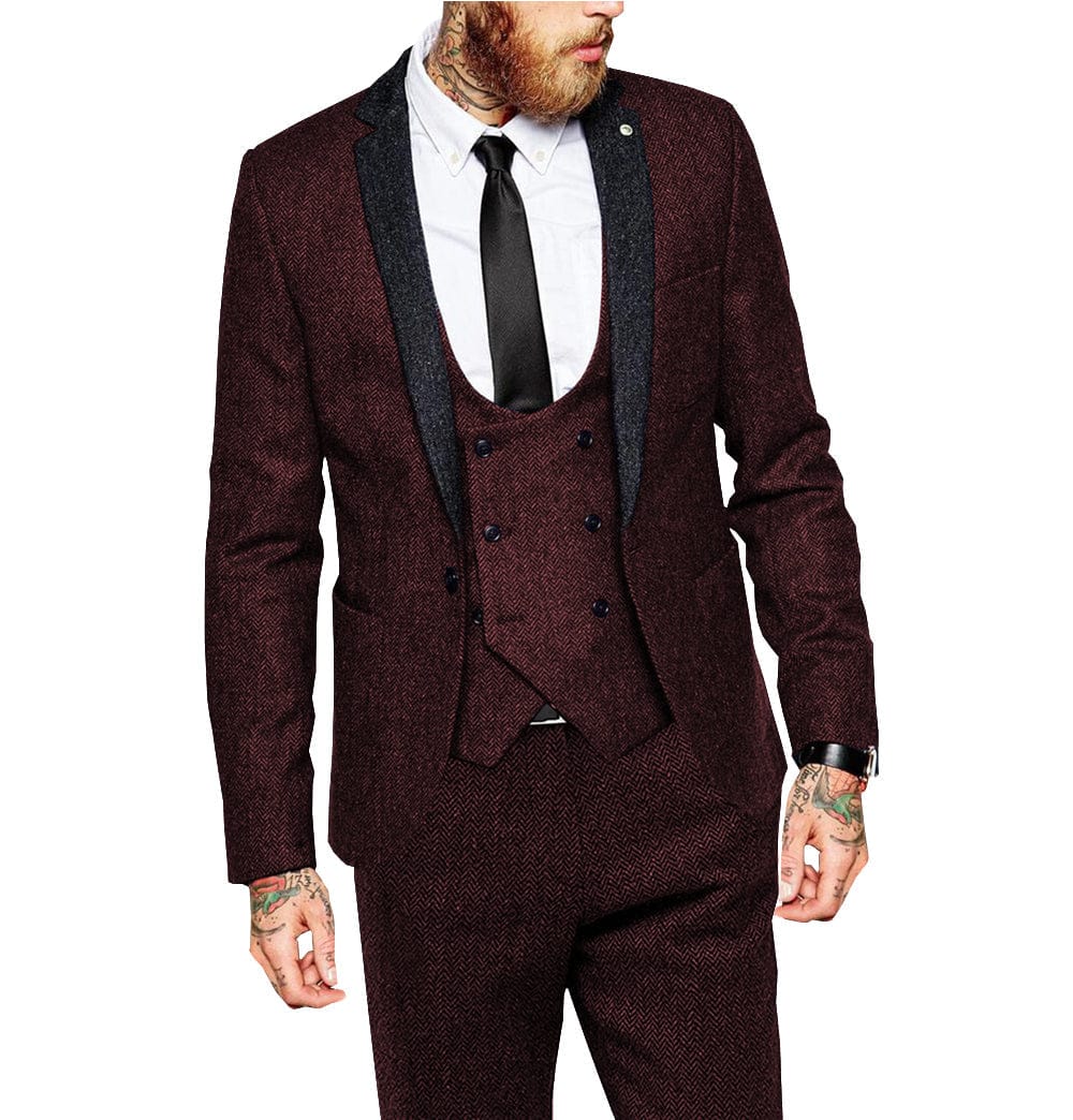 Tiavllya Tiavllya Vintage Classical 3 Piece Mens Suit Herringbone Notch Lapel Tuxedo (Blazer Vest+Pants)