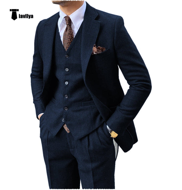 Tiavllya Tiavllya Vintage Classical 3 Pieces Mens Suit Herringbone Tweed Notch Lapel Tuxedos (Blazer+vest+Pants)