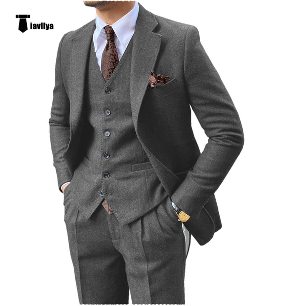 Tiavllya Tiavllya Vintage Classical 3 Pieces Mens Suit Herringbone Tweed Notch Lapel Tuxedos (Blazer+vest+Pants)