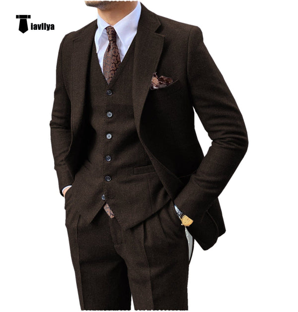 Tiavllya Tiavllya Vintage Classical 3 Pieces Mens Suit Herringbone Tweed Notch Lapel Tuxedos (Blazer+vest+Pants)