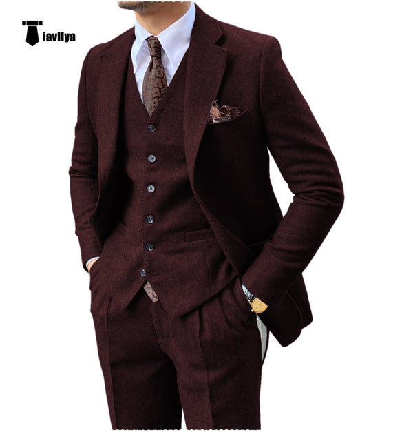 Tiavllya Tiavllya Vintage Classical 3 Pieces Mens Suit Herringbone Tweed Notch Lapel Tuxedos (Blazer+vest+Pants)